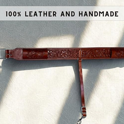 Hulara Western Carved Leather Rear Flank Back Saddle Girth Cinch Belt with Bucking Strap Comfytack |Premium Flank Cinch Belt Leather Horse Girth - color: Brown Flower