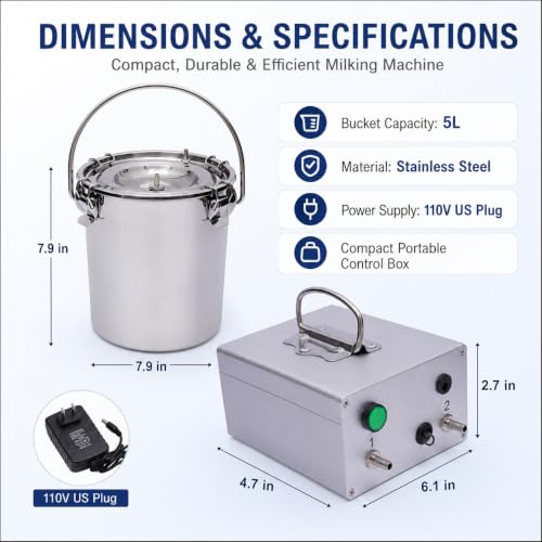 5L Goat Milking Machine with Rechargeable Battery for Milk Cow Home Farm | Portable Electric Speed ,Adjustable Suction Pulsating Vacuum Pump,Stainless Steel Milk Machine Bucke