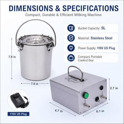 5L Goat Milking Machine with Rechargeable Battery for Milk Cow Home Farm | Portable Electric Speed ,Adjustable Suction Pulsating Vacuum Pump,Stainless Steel Milk Machine Bucke