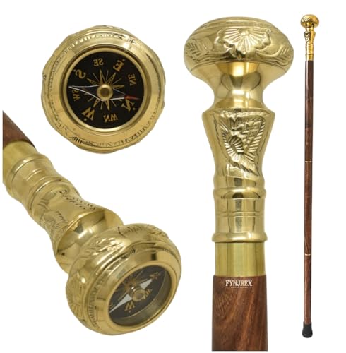 FYNJREX Travelers Compass Gentleman's Walking Stick, Fancy Cane for Women, Brass Handle and Hardwood Cane, Fold able Wooden Canes, Gift Idea