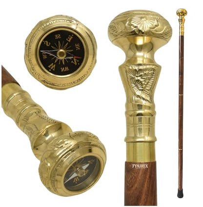 FYNJREX Travelers Compass Gentleman's Walking Stick, Fancy Cane for Women, Brass Handle and Hardwood Cane, Fold able Wooden Canes, Gift Idea