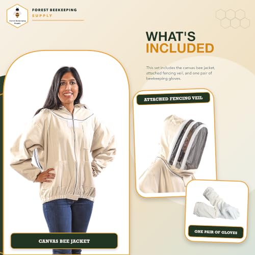 Canvas Bee Jacket, Fencing Veil Hood & Gloves | Brass zippers, elastic waist and cuffs, thumb straps and 3 utility pockets - size: Medium