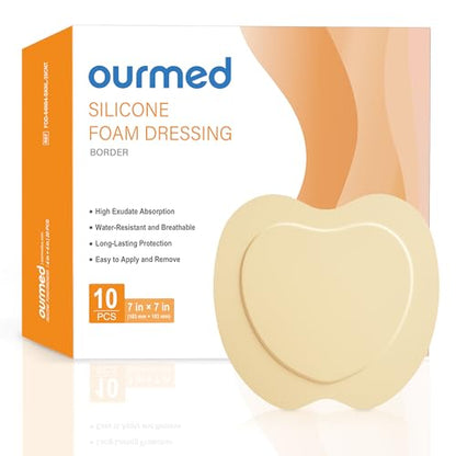 Ourmed Silicone Sacral Foam Dressings(7"x 7" - 10 Packs) with Tender Adhesive Border, Sterile Advanced Absorbent Bandage, Wound Care for Bed Sores, Pressure Ulcers - size: 7"x 7" (10 Packs)