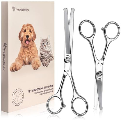Pet Grooming Scissors Set - Round Tip Shears for Dogs & Cats