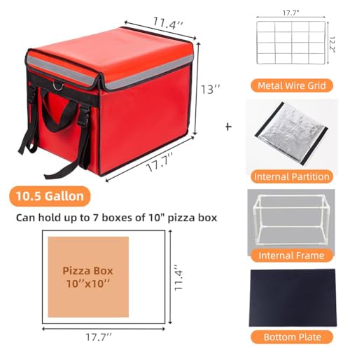 TooCust Large Insulated Food Delivery Bag with Fixed Base and Internal Frame, L-17.7"x11.4"x13", Commercial Pizza Delivery Bag w/Divider, Waterproof & Foldable Catering Bag Food Deliveries, Red - color: Red, size: L-17.7"x11.4"x13"