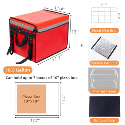TooCust Large Insulated Food Delivery Bag with Fixed Base and Internal Frame, L-17.7"x11.4"x13", Commercial Pizza Delivery Bag w/Divider, Waterproof & Foldable Catering Bag Food Deliveries, Red - color: Red, size: L-17.7"x11.4"x13"