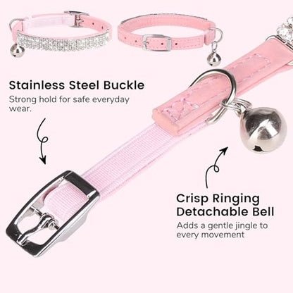 BINGPET Diamond Cat Collar with Bell,Adjustable Kitten Collar,Pink - color: Pink(Rhinestones), size: Neck Girth 8"-10"
