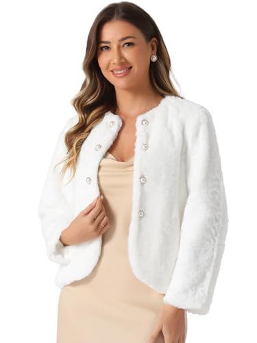 Allegra K Winter Faux Fur Coat Jacket for Women Long Sleeve Pockets Pearl Button Fluffy Cropped Cardigan Outerwear - color: White, size: Medium
