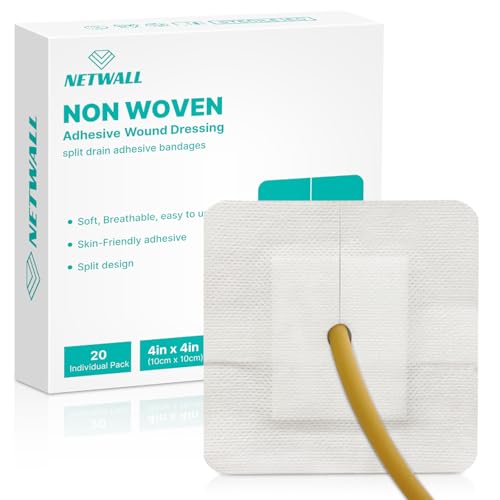 Split Drain Adhesive Bandages 4" x 4" Pre-Cut for Feeding Tubes, Dialysis Catheters & Drains - Soft Non-Stick Pad - Individually Wrapped 20 Pack Wound Dressing Pads