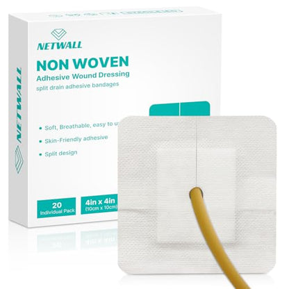Split Drain Adhesive Bandages 4" x 4" Pre-Cut for Feeding Tubes, Dialysis Catheters & Drains - Soft Non-Stick Pad - Individually Wrapped 20 Pack Wound Dressing Pads