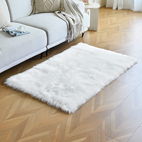 duduta White Faux Sheepskin Fur Rug 3x5 ft, Fluffy Carpet Rug - color: White, size: 3' x 5'