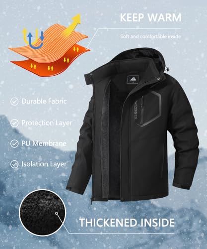 Men's Mountain Ski Jacket Winter Snow Coats Waterproof Warm Fleece Lining Jacket Parka with Hooded - color: Black, size: Small