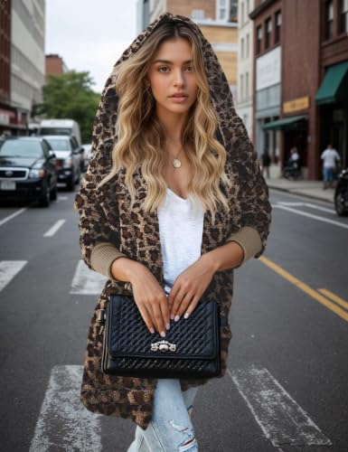 Zilcremo Women Hooded Cardigan Open Front Fuzzy Jacket - color: Leopard, size: Medium