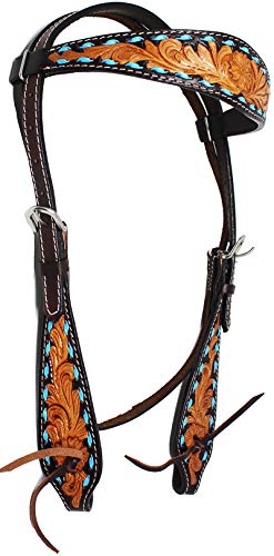 CHALLENGER Horse Western Leather Tooled Headstall Bridle Breast Collar Tack Set 78HRBrowbandSet - color: Brown Turquoise Buckstitch