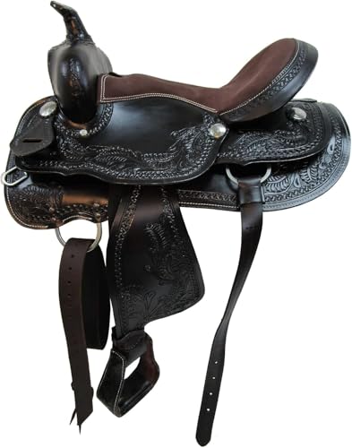 ADB CREATIONS Western Leather Horse Saddle Hand Tooled Floral Design, Premium Brown Leather, Comfortable Deep Seat 10"-18", Durable Trail & Ranch Riding Saddle with Accessories, Strong Tree - size: 15" Inch