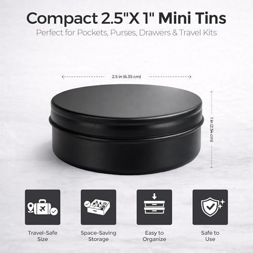 3 Pcs, Metal Tin Round Container, Mini Portable Small Storage Container Kit with Twist Lid for Home Storage 2.5x1 Inch, Black