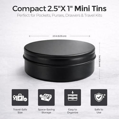 3 Pcs, Metal Tin Round Container, Mini Portable Small Storage Container Kit with Twist Lid for Home Storage 2.5x1 Inch, Black