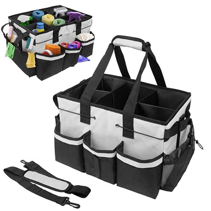 ZKOO Large Cleaning Caddy Bag with Handle, Built-in Sturdy Support Board, Adjustable Shoulder Strap, Multi-compartment Design Cleaning Supply Tote for Cleaners & Housekeepers (White) - color: White