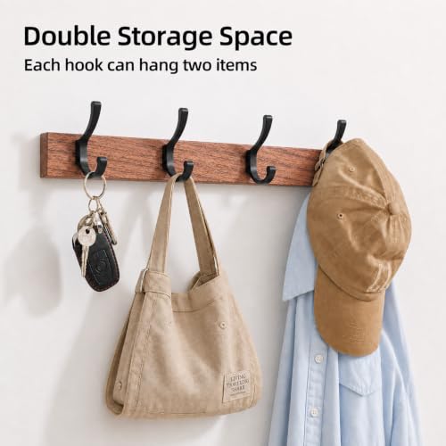 17 Inch Black Walnut Wood Wall Mounted Coat Rack with 4 Black Double Hooks, Adhesive Mounted Entryway Hooks, Modern Natural Wooden Pegs for Hanging Coat Clothes Hat Bag Purse Key and Towel - color: Coat Rack with 4 Double Hooks