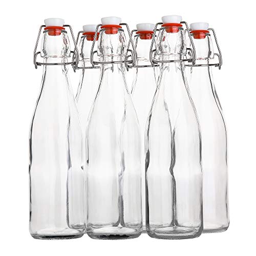 AYL Flip Top Glass Bottle [16 fl. oz./Pack of 6]– Swing Top Brewing Bottle with Stopper for Beverages, Oil, Vinegar, Kombucha, Beer, Water, Soda, Kefir – Airtight Lid & Leak Proof Cap – Clear - size: 16