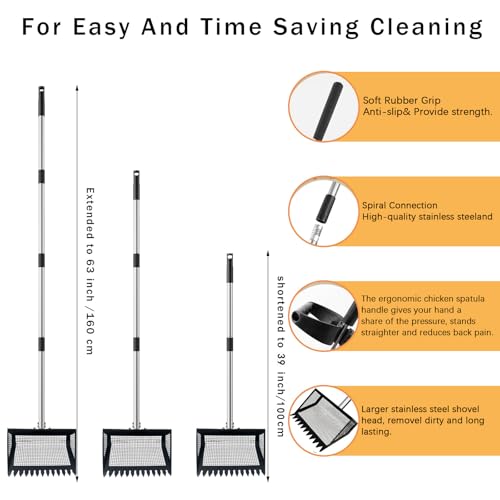 12"Chicken Poop Scooper Rake 2in1 with Adjustable Handle,Chicken Poop Scoop | Chicken Coop Scoop for Sand,Wide 10”Poop Shovel Cleaning Tools, Heavy Duty Sifting Shovel,Chicken Coop Accessories,Black Max