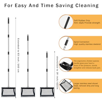 12"Chicken Poop Scooper Rake 2in1 with Adjustable Handle,Chicken Poop Scoop | Chicken Coop Scoop for Sand,Wide 10”Poop Shovel Cleaning Tools, Heavy Duty Sifting Shovel,Chicken Coop Accessories,Black Max