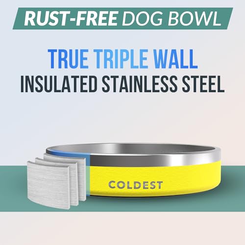 Coldest Dog Bowl - Anti Rust Metal, Non Slip, 3 Layers Insulated Stainless Steel Dog Bowls - Spill Proof & Heavy Duty - Water Bowl for Dogs, Cats & Pets, Dish Washer Safe (21 oz, Solar Yellow) - color: Solar Yellow, size: 21 oz