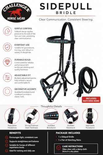Horse Western Leather Beaded Bitless Sidepull Bridle Reins Rhinestone - color: Black/Turquoise