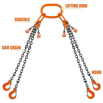 4 Chain Lifting Sling with Hooks 10Ft x5/16 inch 14000lbs 6.4 Ton for 4 Way Chain Lift