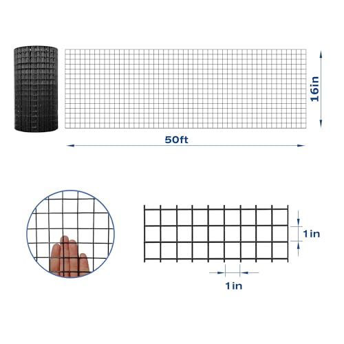 16GA PVC Black 16in x 50ft-1in x 1in Welded Wire Mesh Garden Economy Fence - size: 16"x50'-1"x1" 16GA Black