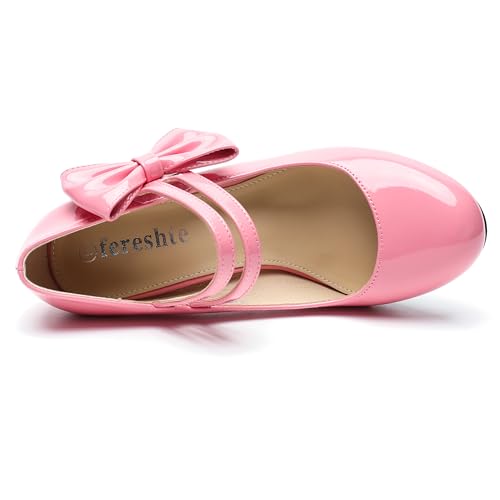 fereshte Women's Mary Jane Pumps with Bow, Double Strap, 3.54 Inch Chunky Block Heel Dress Shoes - color: Pink Patent, size: 6