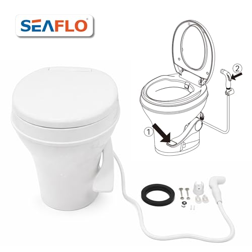 SEAFLO RV Toilet with Sprayer Attachment - White, 18.4” Residential Height, Gravity Flush Foot Pedal Camper Toilet Soft Close Seat Elongated Bowl Motorhome, 4-Year Warranty, SFRTPH-01-02 - color: White-Sprayer