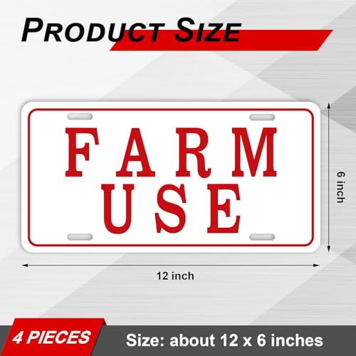 Blulu 4 Pieces Farm Use ID Tag Sign 12 x 6 Inch, Aluminum Reflective Rust Free Farm Use License Plate Weatherproof Metal Signs Easy to Install, Red and White