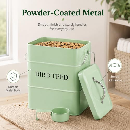 Morezi Airtight Bird Seed Storage Container 5~6LB Metal Bird Food Container | Wild Bird Seed Tin with Scoop and Handle, for Storing Sunflower Seed, Porch, Yard - Sturdy and Squirrel Proof -Green
