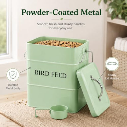 Morezi Airtight Bird Seed Storage Container 5~6LB Metal Bird Food Container | Wild Bird Seed Tin with Scoop and Handle, for Storing Sunflower Seed, Porch, Yard - Sturdy and Squirrel Proof -Green