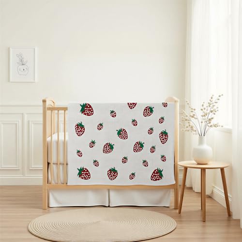 Creative Co-Op Cotton Knit Baby Blanket with Strawberry Pattern, Cream, Red and Green - color: Strawberries, size: 40" L x 32" W