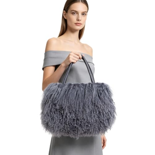 Women Luxury Real Curly Mongolian Lamb Fur Purse - color: Gray