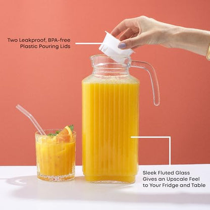 JoyJolt 60oz Glass Pitcher with Lid (2 Lids) - Beverage Serveware and Storage Container for Cold Drinks and Liquids. Juice Container, Water Jug, Fridge Pitcher for Iced Tea or Milk - size: 60 Ounces