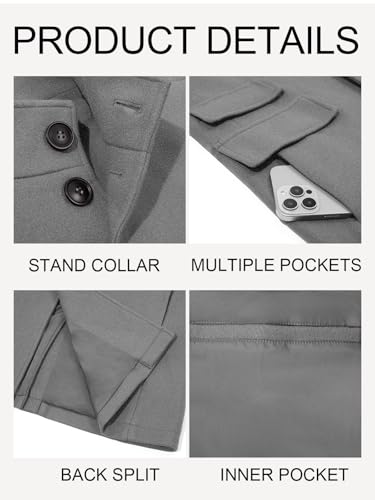 Runcati Mens Pea Coat Single Breasted Mid Long Trench Coat Overcoat | Slim Fit, Stand Collar, Fall Winter, Jacket, Pocket, Warm, Casual, Dress, Business, Christmas Gift - color: Gray, size: Large