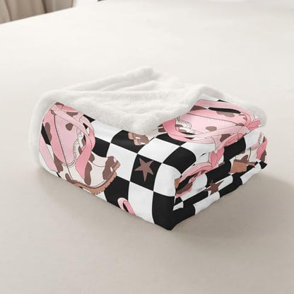 Erosebridal Cowgirl Western Fleece Blanket,40"X50" Kids Pink Bow Sherpa Blanket,Black and White Buffalo Plaid Fuzzy Plush Throw for Kids Girls Adults Women Cowgirl Boots Throw Blankets - color: Black Pink White, size: 40"x50"