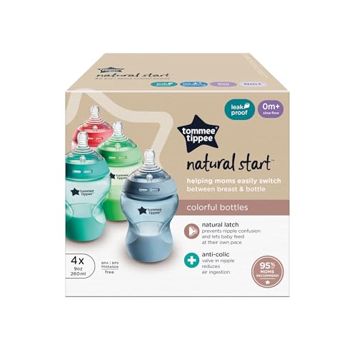 Tommee Tippee Natural Start Anti-Colic BPA Free Baby Bottles, 9oz, Slow-Flow Breast-Like Nipple for a Natural Latch, Designed for Seamless Transitions Between Bottle and Breast, Fiesta, Pack of 4 | Pack of 4, Slow Flow Breast-Like Nipple for a Natural Lat