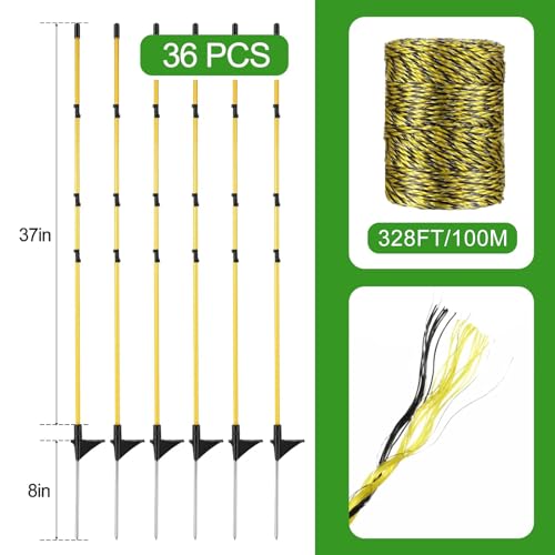 Sasylvia 36 Pcs 45 Inch Electric Fence Posts for Sheep, Lamb,Yellow Black