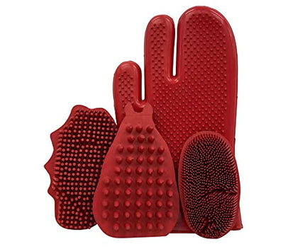 Grewal® Equestrian Grooming Bundle Kit - Comfy Pet Grooming & Bathing Glove - Oval Face Soft Bristles - Great for Thin & Sensitive Skin (Red) - color: Red