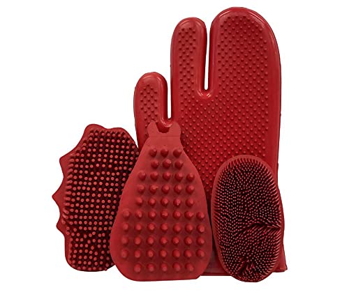 Grewal® Equestrian Grooming Bundle Kit - Comfy Pet Grooming & Bathing Glove - Oval Face Soft Bristles - Great for Thin & Sensitive Skin (Red) - color: Red