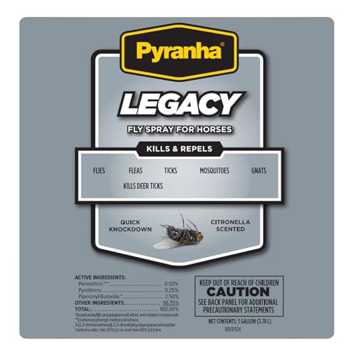 PYRANHA Legacy Fly Spray for Horses - Water-Based Long Lasting Fly Control Repels Horn, Deer, Horse, House, Stable, & Face Flies, Ticks, Mites, Mosquitoes, Gnats & Lice, 1 Gallon - size: 1 Gallon