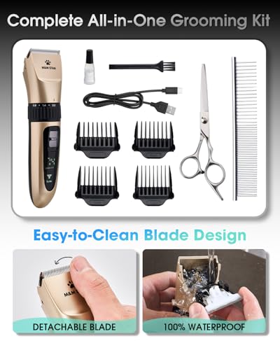 M&M STAR Dog Grooming Kit, Low Noise Dog Clippers, 2-Speed IPX7 Waterproof, Rechargeable Cordless Pet Hair Clippers Trimmer Shaver with LED Display for Dogs and Cats, Gold