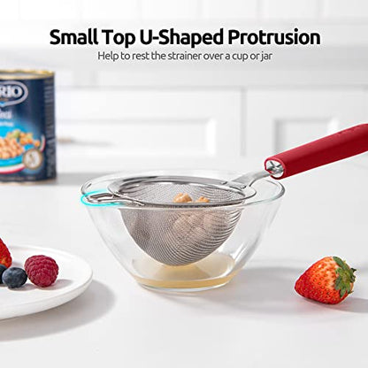 18/8 Stainless Steel Mesh Strainer: U-Taste 3.9 Inch Kitchen Fine Mesh Sieve Food Colander with Riveted Sturdy Silicone Handle and 30 Mesh Hole for Straining Flour, Quinoa, Tea, Juice (Red) - color: (4) Red, size: Small (3.9 x 11.1 in)