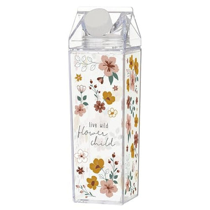 Faithworks Milk Carton Shaped Container - Clear Acrylic Leakproof for Water Juice Coffee Creamer, 17-Ounce, Flower Child