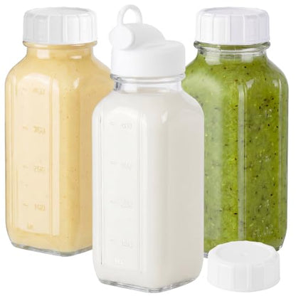 CUCUMI 3 Pack 16 Oz Glass Milk Container for Lunch Box | Glass Milk Bottles with Lids, Clear Juice Bottles with 1 Pour Spouts, Airtight Caps & Scale for Juicing Containers - color: 3pcs-16oz