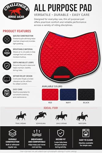 Horse Equine Contoured English Quilted Cotton All Purpose Saddle Pad 72TS37 - color: Red